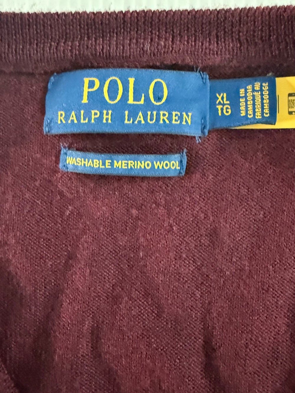 Polo Ralph Lauren Mens XL Burgundy Merino Wool V-Neck Sweater Pony Logo - Picture 4 of 7